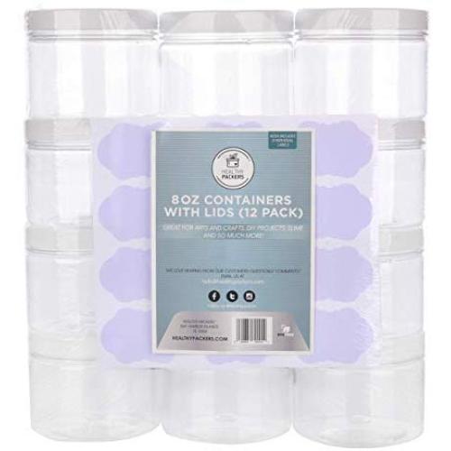 Slime Containers with Water-tight Lids (8 oz, 12 Pack) - Clear Plastic Food Storage Jars with Individual Labels- Great for your slime kit - BPA Free