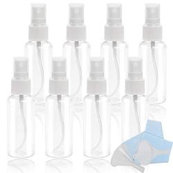 Spray Bottles 8pcs 50ml (2oz) Mini Clear Empty Mist Travel Spray Bottle with 2 Funnels and 1 Cleaning Cloth for Essential Oils, Travel and Perfumes