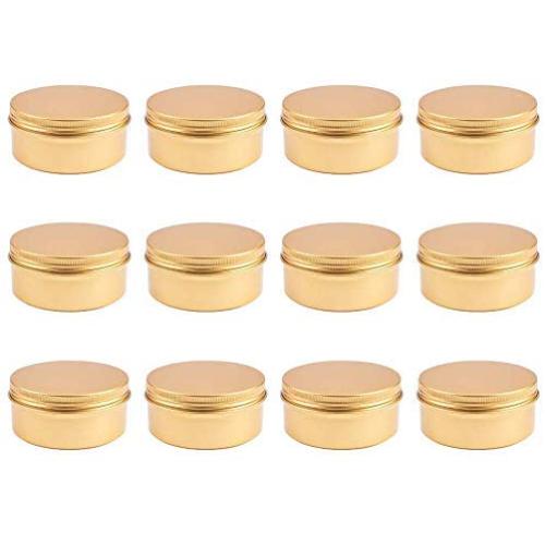 Healthcom 12 Pcs 3 oz Golden Screw Top Metal Steel Tins Round Aluminum Tin Cans Empty Lip Balm Tin Jars Cosmetic Sample Containers Bulk Food Storage Candle Travel Tins(90g)