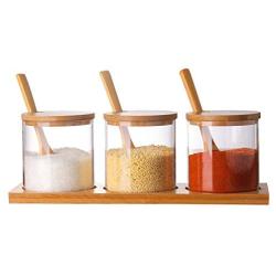 UPKOCH Seasoning Jars Glass Kitchen Clear Condiment Pots Spice Caddy Cruet Container Pot Holder with Wooden Spoon (1 Set)