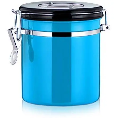 Diguo Coffee Storage Canister Premium Quality Stainless Steel Bean Container for Better Tasting Coffee - Vacuum Seal Vents Away Co2 Gas Coffee Bean Storage Tanks (500g/16oz, Blue)