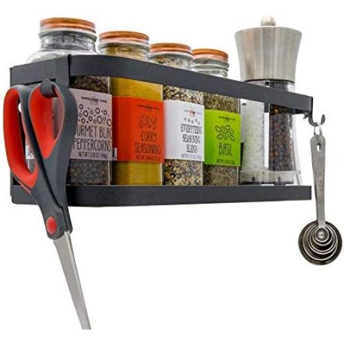 Magnetic Fridge Spice Rack Organizer [1-Tier with 2x Utility Hooks] - Mounted Jar Container Storage, Utensil Holder, Multi Use Kitchen Rack Shelf, Pantry Wall, Laundry Room, Garage. [Matte Black]