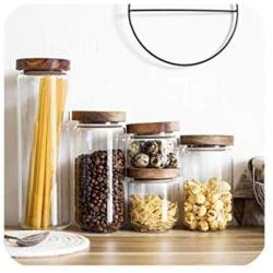 Glass Storage Tank With Wood Cover Spices Sugar Jar Container Kitchen Food Bottle Coffee Beans Tea Caddy 1Pc,325Ml