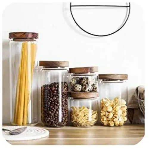 Glass Storage Tank With Wood Cover Spices Sugar Jar Container Kitchen Food Bottle Coffee Beans Tea Caddy 1Pc,325Ml