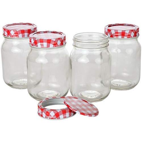 Lilys Home Classic Regular Mouth Glass Mason Jars with Checkered Lids and Bands, Use as Jelly or Storage Jars, Ideal for Homemade Sauces, Pickles, Candles, or Tea (16 oz. Capacity, Pack of 4)