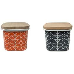 SET OF 2 ORLA KIELY LINEAR LEAF STEM ORANGE GREY WHITE ENAMEL WOOD STORAGE JAR