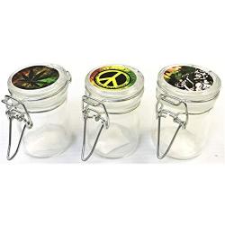 HHB Eclipse 1.5 OZ Mini Stash Jars w/Clamp Style Rubber Gasket Seal (3 PACK), Airtight Odor-Proof Herb Storage Canisters & Spice Containers, Assorted Cool Rasta Styles, GJ02