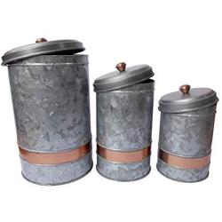 Premium Galvanized Metal Lidded Canister with Copper Band Set of Three Gray Storage