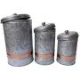 Premium Galvanized Metal Lidded Canister with Copper Band Set of Three Gray Storage