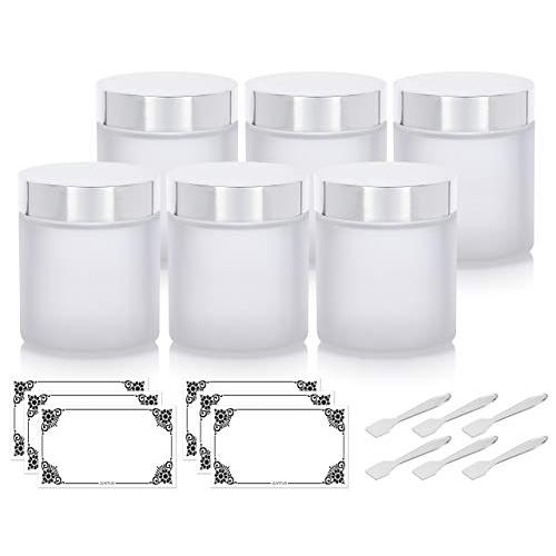 Eisglas-Glasbehälter mit geradem Rand, Silbermetall-Deckel – 4 oz / 120 ml (6er-Pack) + Spatel und Etiketten