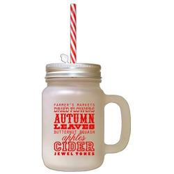 Red Autumn Leaves Butternut Squash Apples Cinder Frosted Glass Mason Jar With Straw