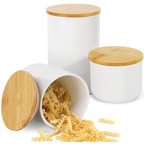 Bocal de Conservation Alimentaire hjn avec Couvercle en Bambou – Canister en Céramique Blanche pour Servir le Café, le Thé, les Graines et Plus encore, Ensemble de 3 Pièces Bocal de Conservation Alimentaire hjn avec Couvercle en Bambou – Canister en Céramique Blanche pour Servir le Café, le Thé, les Graines et Plus encore, Ensemble de 3 Pièces