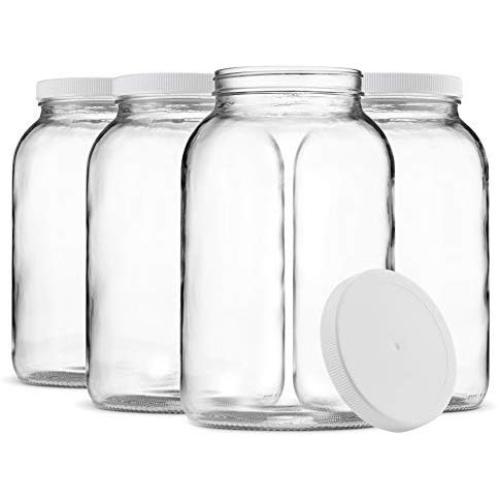 Paksh Novelty 1-Gallon Glass Jar Wide Mouth with Airtight Plastic Lid - USDA Approved BPA-Free Dishwasher Safe Mason Jar for Fermenting, Kombucha, Kefir, Storing and Canning Uses, Clear (4 Pack)