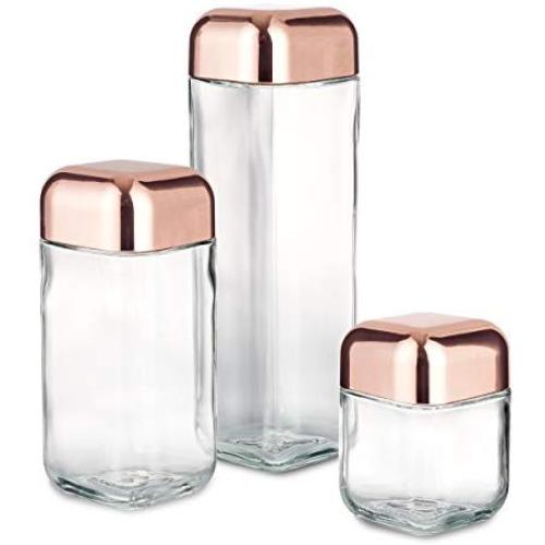 Metrix Square Storage Jars with Metallic Finished Lids, Set of 3, Clear