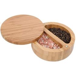 Lilys Home 2-in-1 Round Bamboo Container, Divided Spice Holder, Salt and Pepper Wooden Box with Magnetic Lock