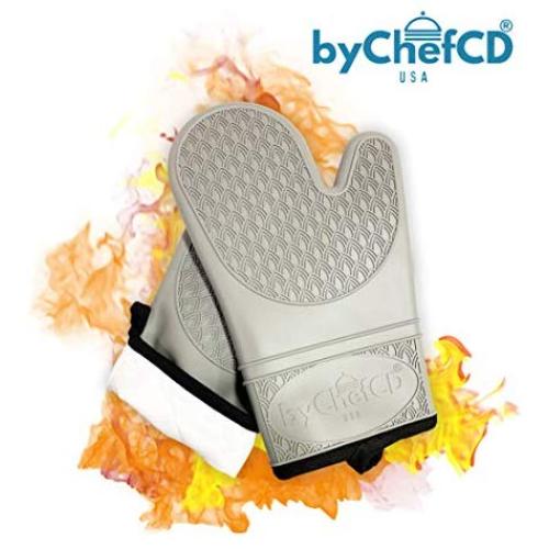 ByChefCD Professional Silicone Oven Mitts/Heat Resistant Gloves Non-Slip Professional Cooking Gloves, Kitchen Potholders and Oven Mitts, Grill Gloves Heat Resistant, Best Oven Mitt (Grey)