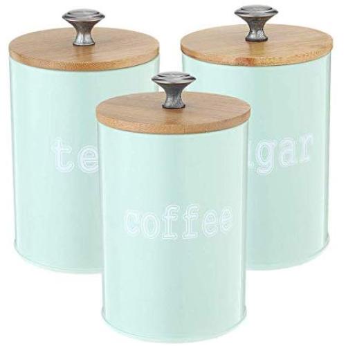 3Pcs Tea Coffee Sugar Storage Jars Food Storage Iron Jars Moisture-proof fresh green wood lid Cover Candy Bottles Can Kitchen