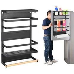 Multifunctional Refrigerator Organizer Rack with Hooks, Magnetic 4-Layer Side Wall Storage Rack, Heavy Duty Fridge Organizer, Spice Jars Storage and Paper Towel Plastic Wrap Holder, 18x12x4inch