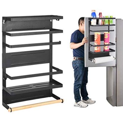 Mehrzweck-Kühlschrank-Organizer mit Haken, Magnetregal, 4-stufiger Seitenwand-Organizer, Robustes Kühlschrank-Regal, zur Aufbewahrung von Gewürzgläsern und Plastikfolien, 18x12x4 Zoll