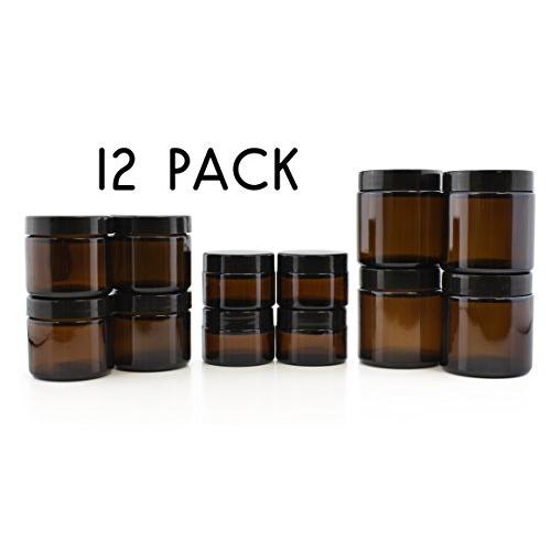 Combo Pack of 1, 2 & 4-Ounce Amber Glass Straight Sided Jars (4 Each / 12 Total); Great Containers for Cosmetics, Lotions, Body Scrubs & Balms