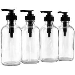 8-Ounce Clear Glass Pump Bottles (4-Pack w/Black Plastic Pumps), Great as Essential Oil Bottles, Lotion Bottles, Soap Dispensers, and More