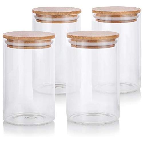 16 oz Premium Borosilicate Clear Glass Jars with Bamboo Silicone Sealed Lid (4 Pack) + Labels