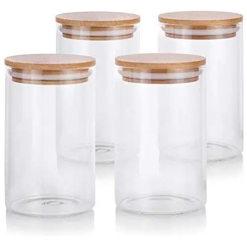16 oz Premium Borosilikat Glasbehälter mit Bambus-Silikon-Dichtung (4er-Set) + Etiketten
