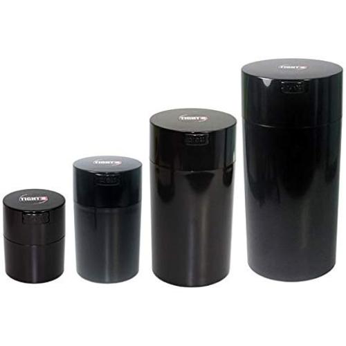 Tightvac Nested Set of 4 Vacuum Sealed Dry Goods Storage Containers, 4 Sizes: 24-Ounce, 12-Ounce, 6-Ounce, 3-Ounce, Solid Black Body/Black Cap