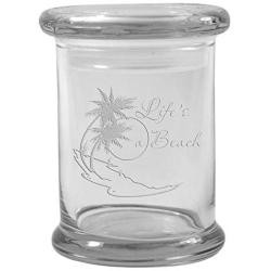 Clear 8 oz Glass Herb Stash Jar and Lid with Lifes a beach Logo from Smoke Promos