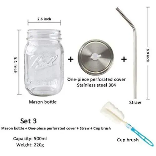 Glasbehälter mit Stroh-Canner, Glas Smoothies Gläser mit Deckeln für Trinken und Lagerung, Mehrwegbehälter für Saft, Milch, Großküchen, Kaffee, Runde und eckige Glasbehälter (Set von 3)