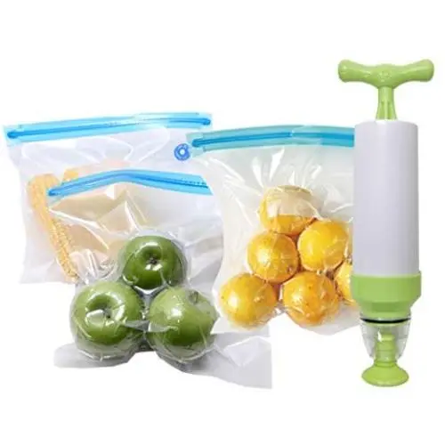 20 Vakuum-Aufbewahrungstaschen, 4 Grüne Clips, 2 Verschlussclips, 1 Pumpe, 1 Weinflaschenverschluss Set, Vakuum-Abdichtungs-Taschen für Konserven, Trockenfrüchte, Lebensmittelbehälter, Gläser, wiederverwendbare Lebensmittelbeutel