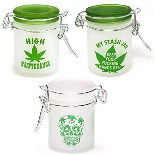Airtight Glass Herb Stash Jar Set of 3 - My Stash Jar, High Maintenance, and Sugar Skull Designs, 1.5oz, 2.5 Inches Airtight Glass Herb Stash Jar Set of 3 - My Stash Jar, High Maintenance, and Sugar Skull Designs, 1.5oz, 2.5 Inches