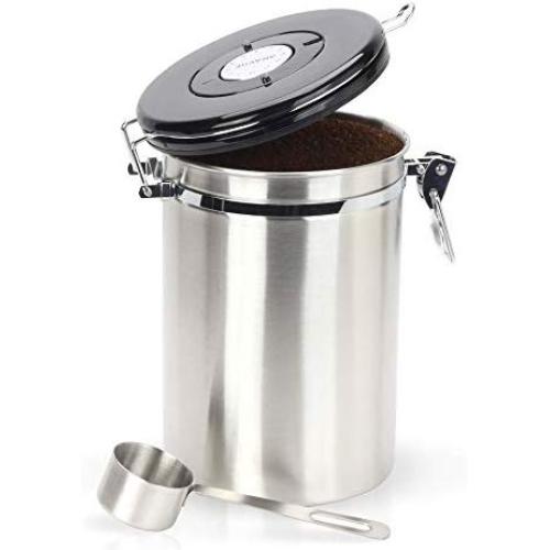 Gorgeous Coffee Canister - Stainless Steel Storage Container with Scoop - Keeps Your Coffee Airtight Fresh and Flavorful
