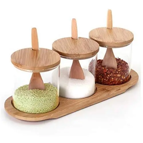 Ensemble de contenants de condiment/épices, bocaux en verre pour stockage d'épices avec couvercle en bambou et cuillère en bambou pour maison et cuisine, ensemble de 3 (3 pcs-Style 1) Ensemble de contenants de condiment/épices, bocaux en verre pour stockage d'épices avec couvercle en bambou et cuillère en bambou pour maison et cuisine, ensemble de 3 (3 pcs-Style 1)