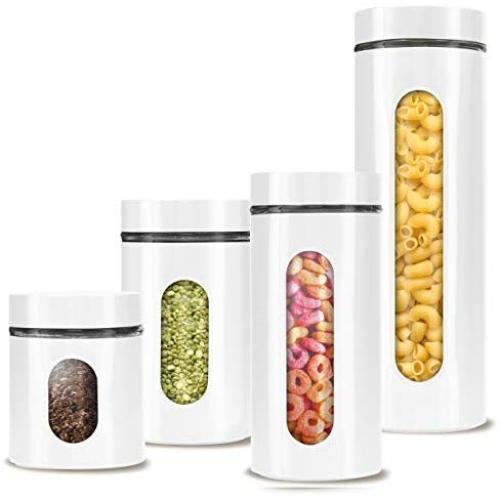 Eternal Kitchen Ideas Food Storage Containers with Lids and Glass Windows | Stainless Steel Airtight Freshness Seal Countertop and Pantry Storage (4 Pcs Set White)