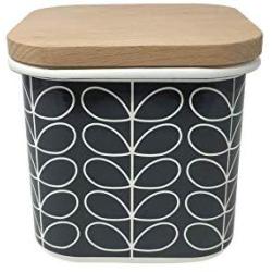 ORLA KIELY LINEAR LEAF STEM GREY WHITE ENAMEL WOOD STORAGE JAR