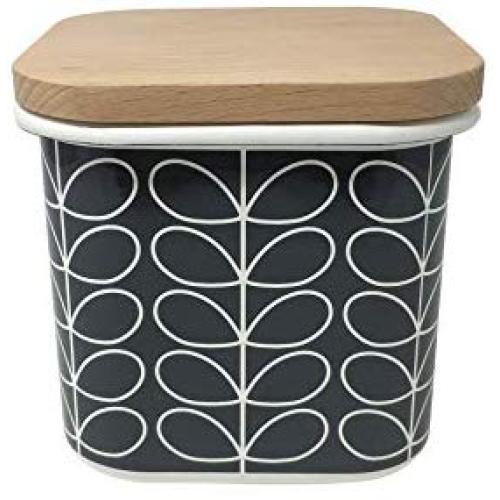 2 X ORLA KIELY LINEAR LEAF STEM GREY WHITE ENAMEL WOOD STORAGE JAR