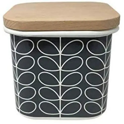 Bouteille de stockage en bois à motif de feuilles linéaires Orla Kiely, gris et blanc émail. Bouteille de stockage en bois à motif de feuilles linéaires Orla Kiely, gris et blanc émail.