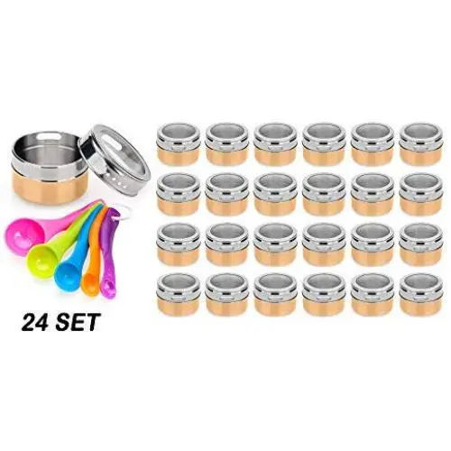 Bouteilles de Spices Magnétiques Nellam – Organisateur de Rangement de Cuisine, Étagère de Panier, Boîtes Hermétiques en Inox pour Empiler sur le Frigo (Set de 24 PCS - Or)