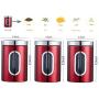 JENNIMER 3PC Kitchen Canister Sugar Food Tea Coffee Candy Storage Jars Stainless Steel with Transparent Windows (Red)