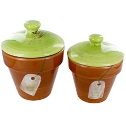 Earthenware Canister Jars, Set of 4, French Vintage Hand Painted Design &quotTerracotta"