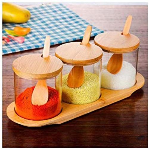 3 Pcs/Set Glass Spice Jar Salt Pepper Sugar Can Wood Holder Spice Storage Wood Lid Application Of Dishwasher Compatible For Disinfector,As Show