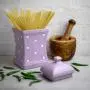 Bocal en céramique artisanal violet et blanc motifs pois 900ml / 31.5oz avec couvercle | Bocal de cuisine, bocal à biscuits, cadeau d’amitié.