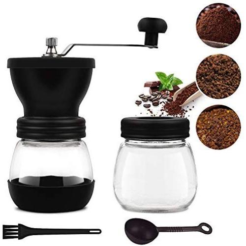 Manual Coffee Grinder with Ceramic Burrs,Portable Hand Adjustable Coffee Mill with Two Glass Jars,Silicone Dust-Proof Cover for Beans, Stainless Steel Crank, Cleaning Brush,Glass Storage Jars&Spoon