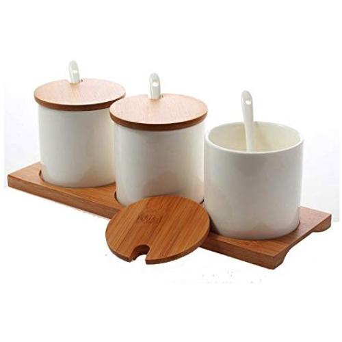 DecentGadget Set of 3 White Ceramic Condiment Jar Spice Pots with Lids Spoons Bamboo Serving Tray Holder for Home and Kitchen Storage (Equal Height)