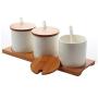 DecentGadget Set of 3 White Ceramic Condiment Jar Spice Pots with Lids Spoons Bamboo Serving Tray Holder for Home and Kitchen Storage (Equal Height)