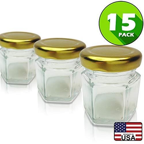 Hexagon Jars Gold Lid (15pcs, 1.5 oz) Hexagon Glass Jars with Gold Plastisol Lined Lids for Jam Honey Jelly Wedding Favors Baby Shower Favors Baby Food DIY Magnetic Spice Jars Crafts Canning Jars