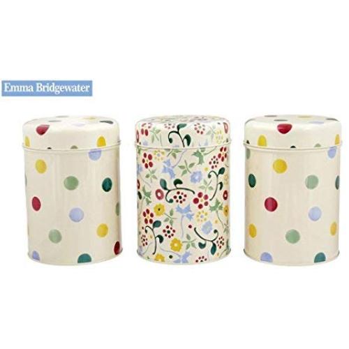 Emma Bridgewater Set of 3 Kitchen Storage Caddies Polka Dot Floral Design, Tea Coffee Sugar Tins