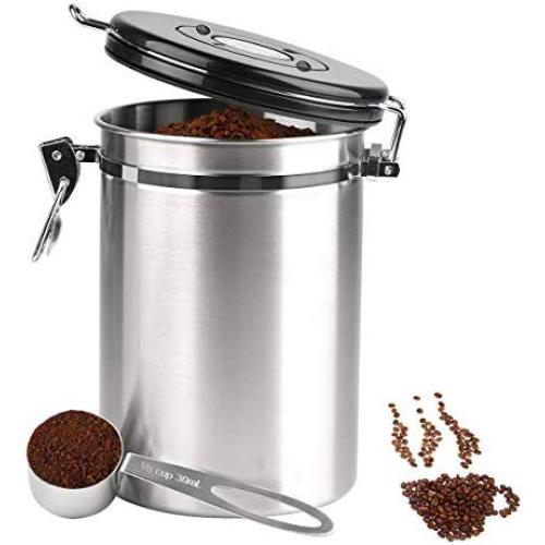 FancyWhoop Coffee Canister Stainless Steel Fresher Beans and Grounds for Longer - Canister with Date Tracker with Scoop