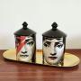 Edle Mädchen Kerzenhalter Classic Fornasetti mit schwarzer Kappe Keramik Aufbewahrungsdose Kunst Kerzenhalter Retro Handgefertigt Aufbewahrungsgläser Heimdekor, Gold Tablett